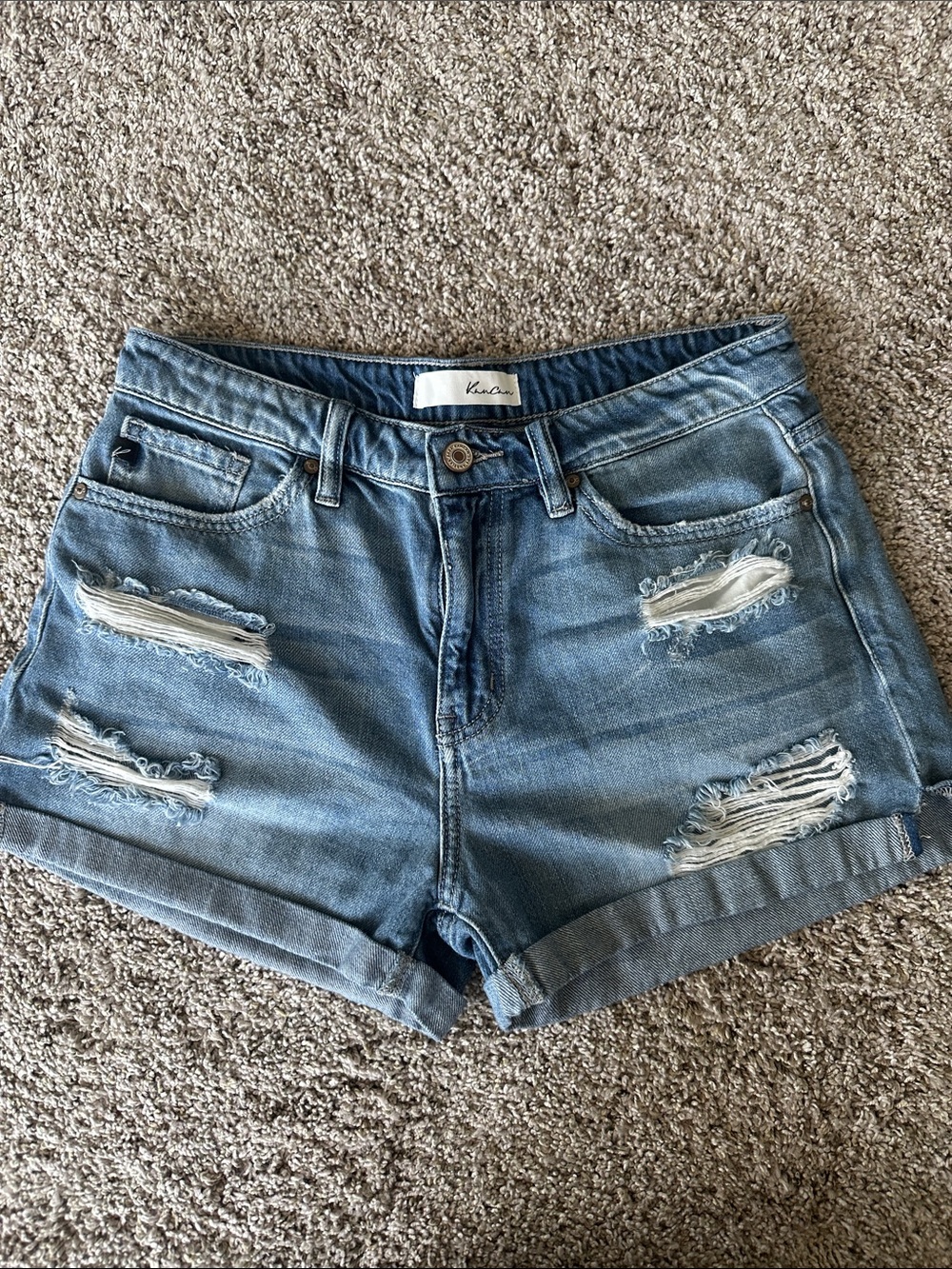 KanCan Light Blue Distressed Denim Roll-Cuff Shorts